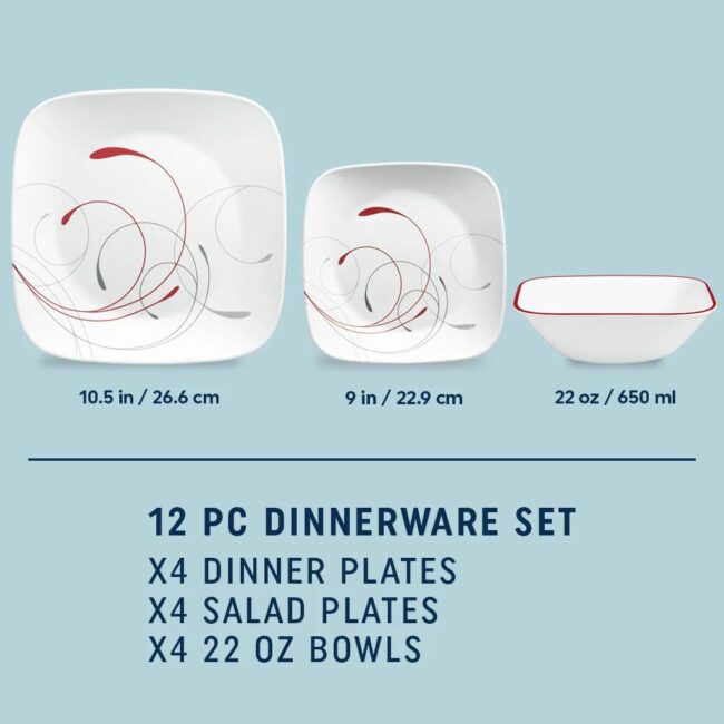 Corelle Red Splendor Square Dinnerware Set 12pc