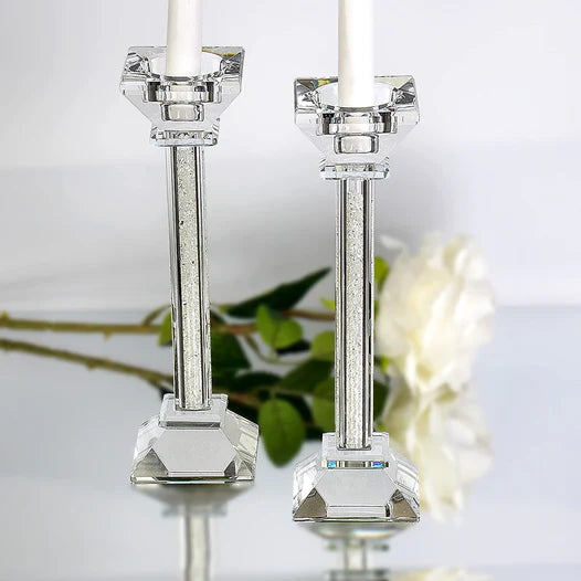 Crystal Candlesticks with Crushed Gemstones 8.6" 2pc