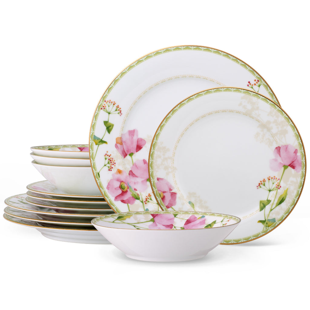 Noritake Pink Poppy Place Dinnerware Set 12pc Service for 4