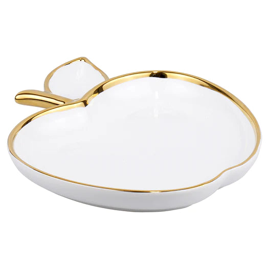 White/Gold Porcelain Apple Shaped Dish 8" 1pc