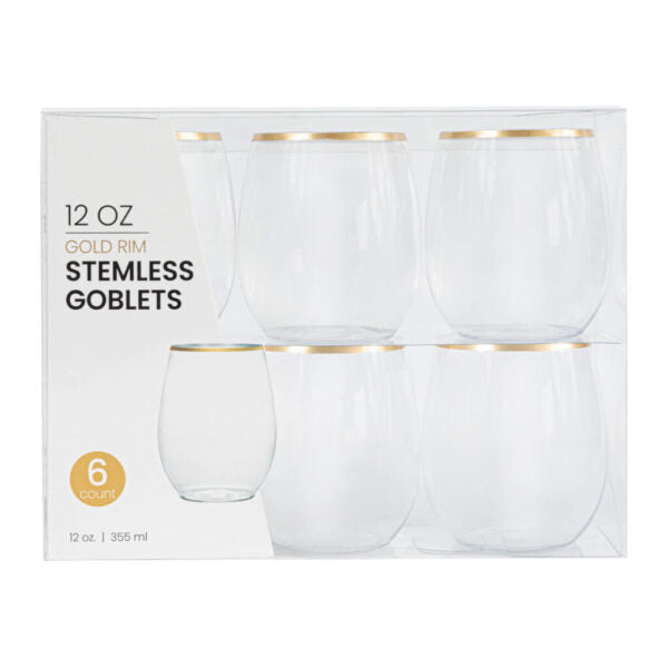 Stemless Clear/Gold Goblets 12oz 6pc